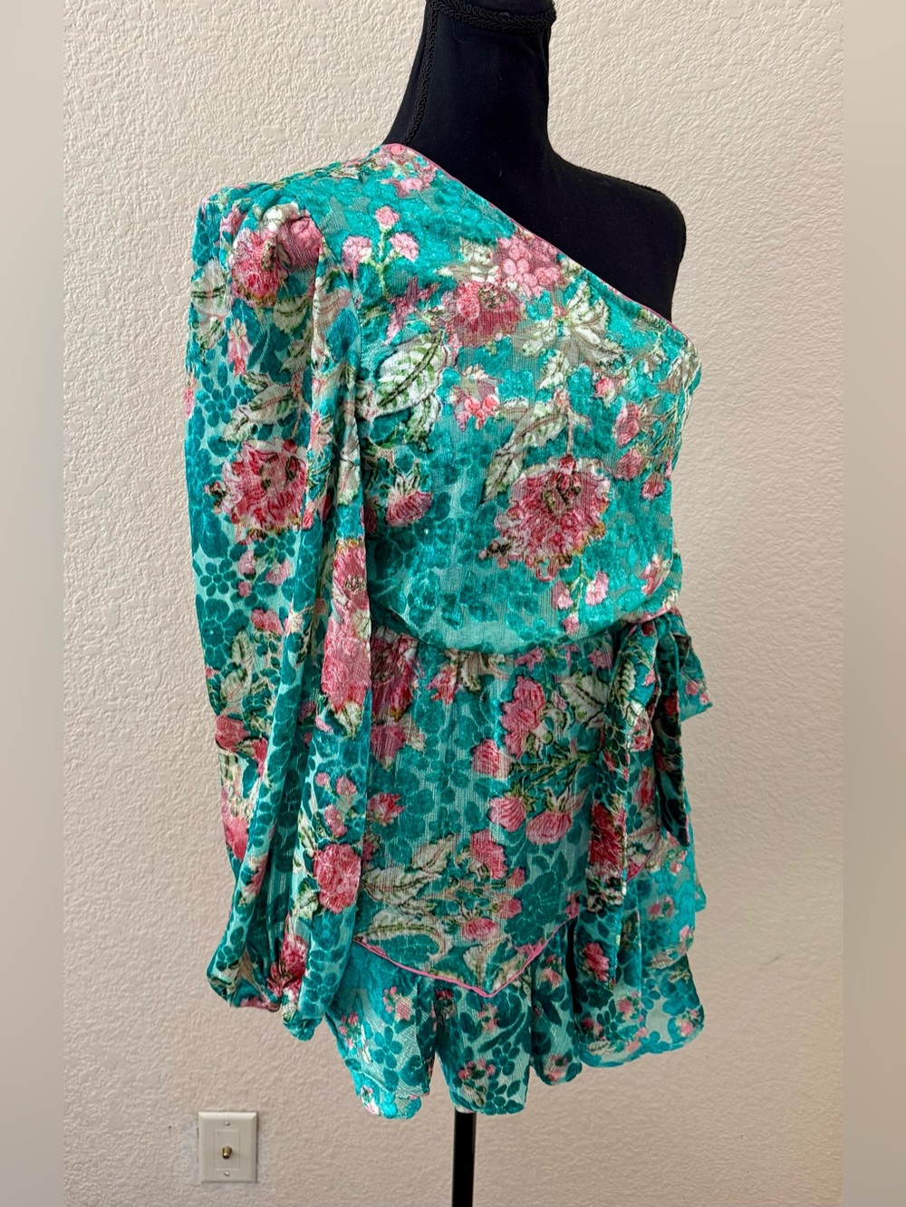 NWT Hermant & Nandita Velvet Teal Floral Metallic One Shoulder Mini Dress Med - Picture 11 of 16